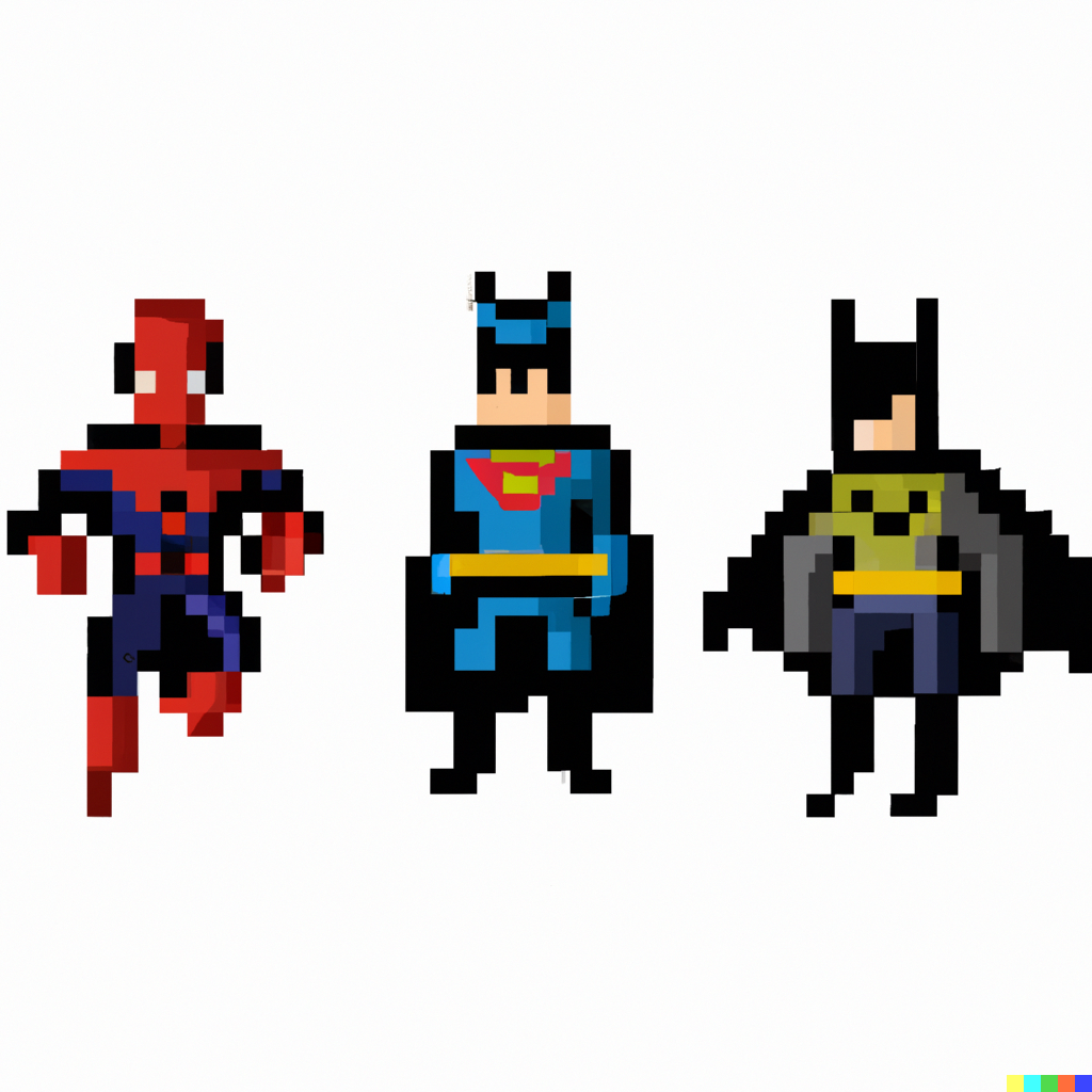 Pixel art of batman, superman and spiderman